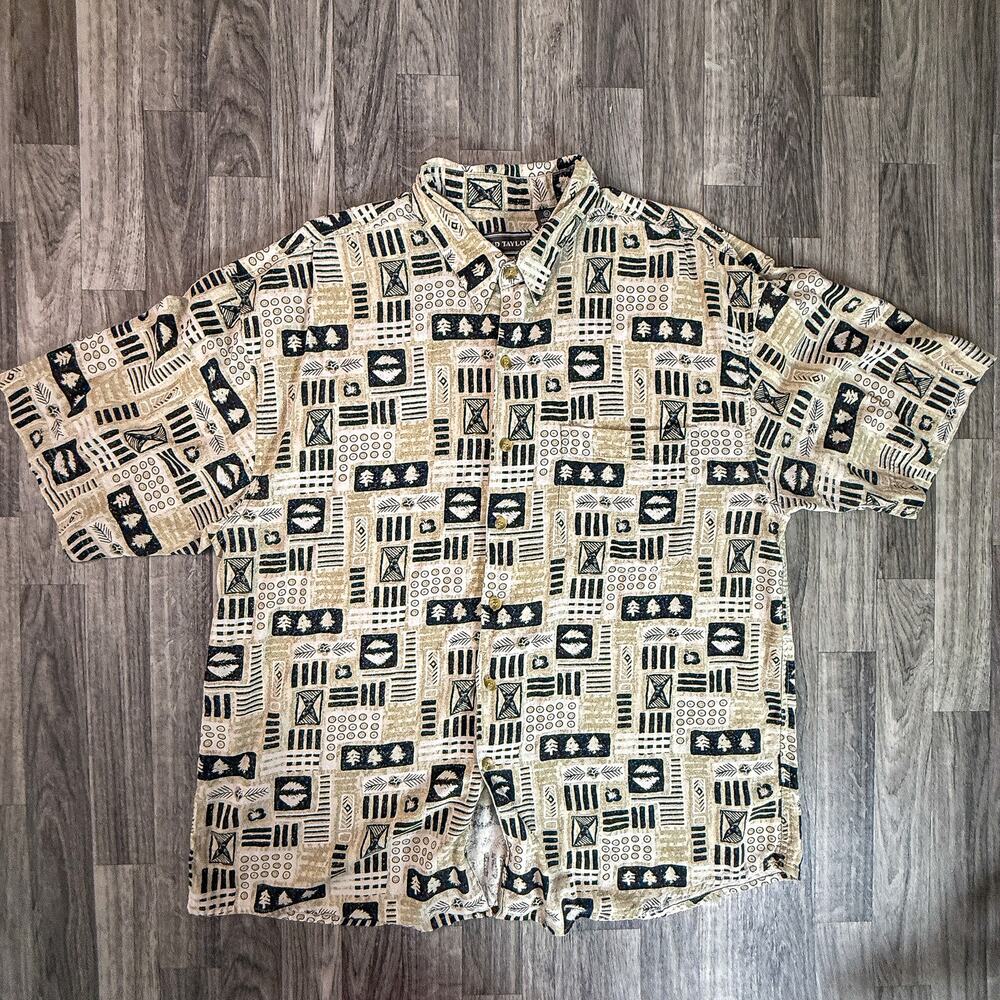 David Taylor 100% Silk Button Up Shirt Beige Black Print Mens XL